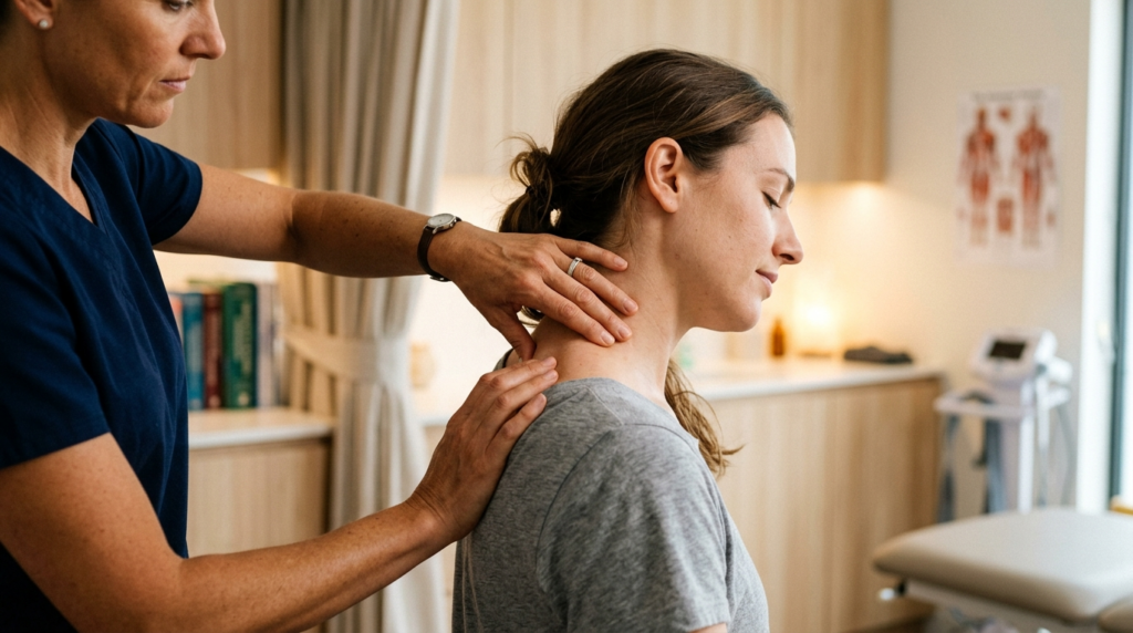 Close-up photograph of a professional female physiotherapist