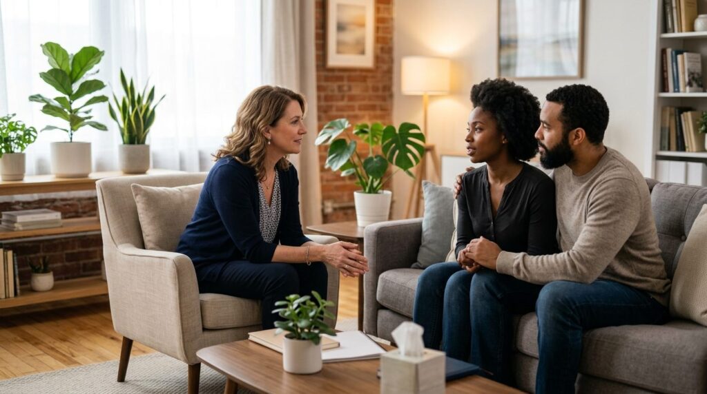 Professional stock photo, 16:9 format. An empathetic female 