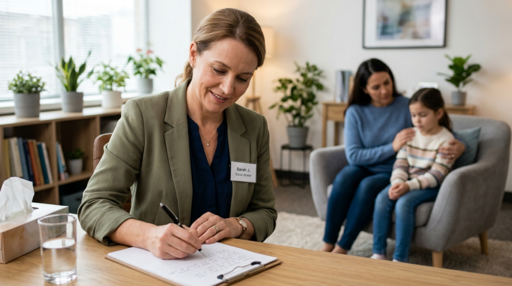 Close-up of a compassionate female social worker or family c