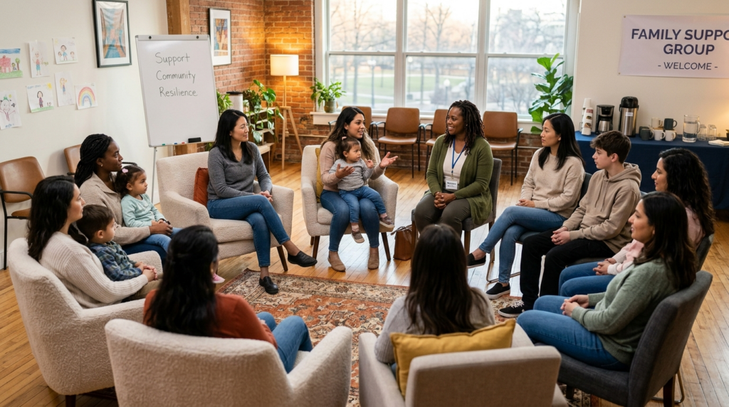 Wide shot of a family support group or workshop in a communi