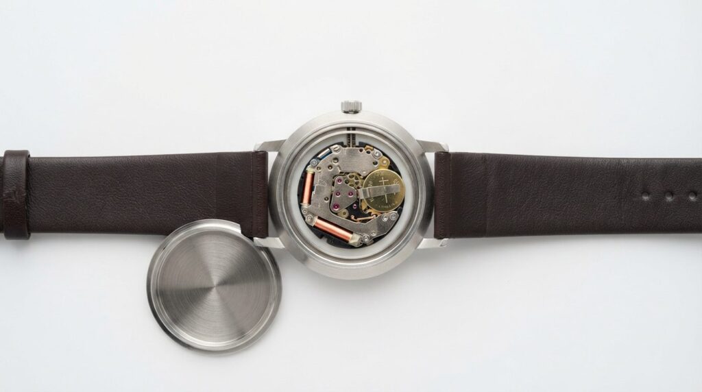 Flat lay overhead shot of a modern wristwatch with an open c