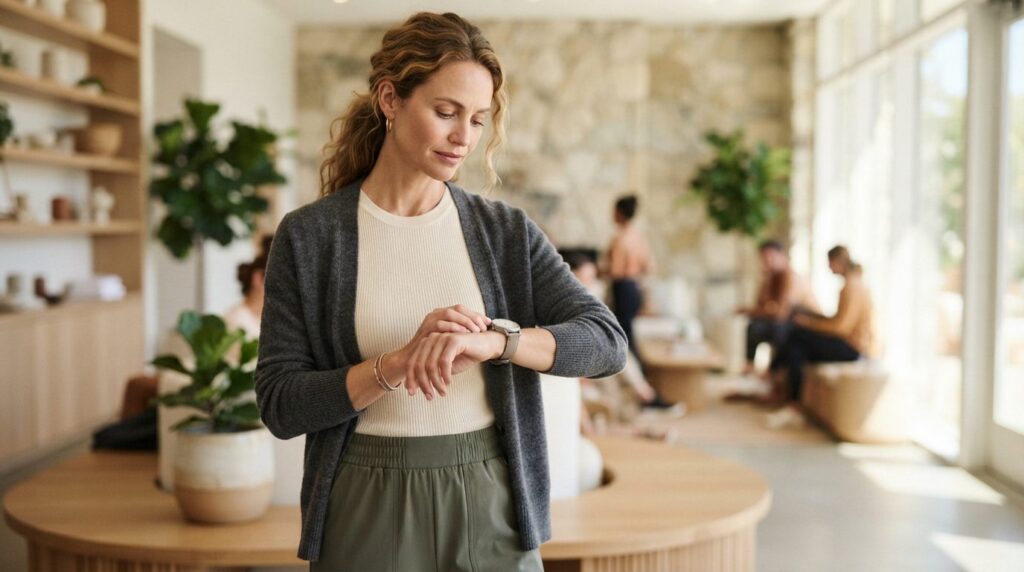 Contemporary woman in casual wellness attire checking the ti