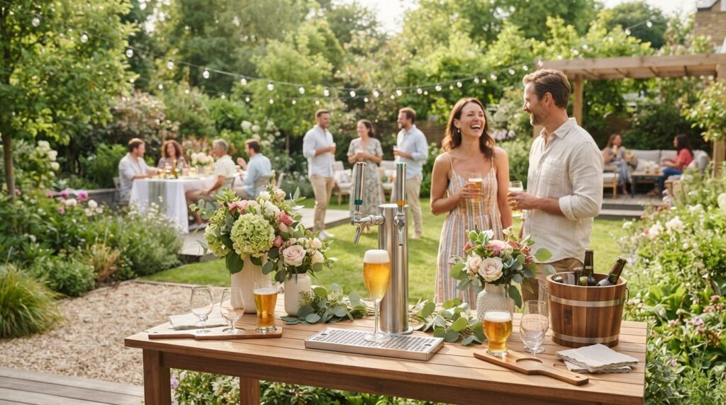 Modern garden party scene showing a stainless steel draft be